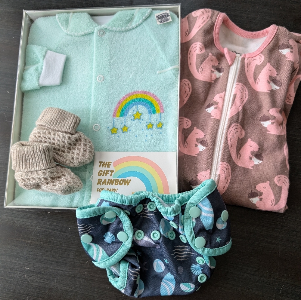 Box#31  ♨️ 2 For $30 ♨️  Two Pajamas, A Diaper Cover & A Pair Of Knit Booties
